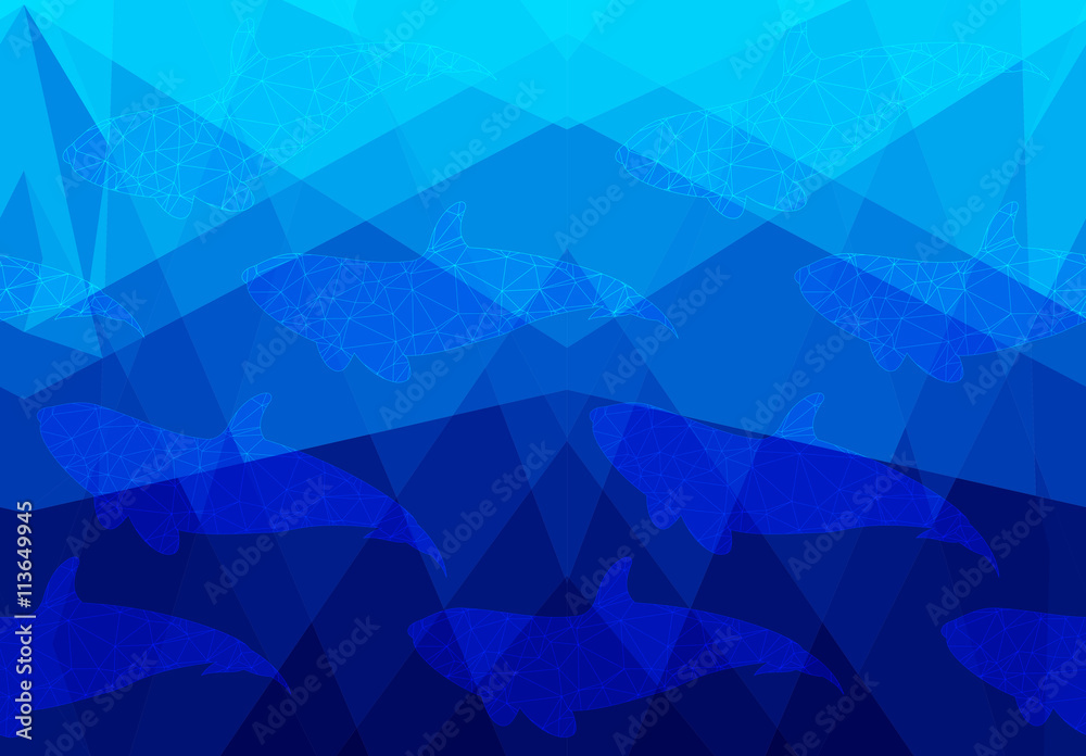 Low poly fish white net on low poly sea Low poly fish white net on low poly sea
