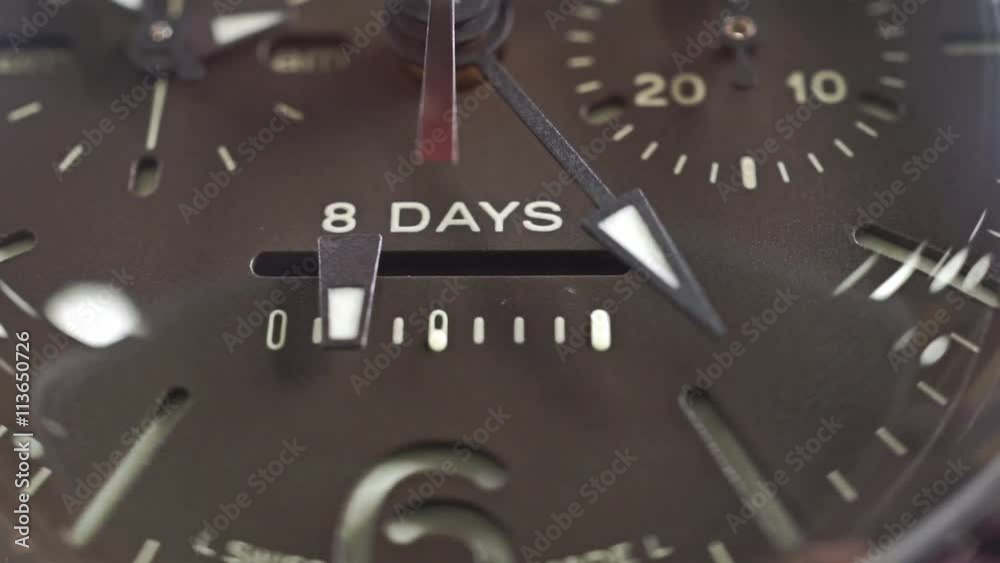 Macro dolly shot of power reserve indicator of the wrist watch Macro dolly shot of power reserve indicator of the wrist watch