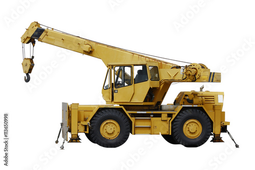 Stock Photo:  Industrial mobile crane Demag and hook on white ba photo