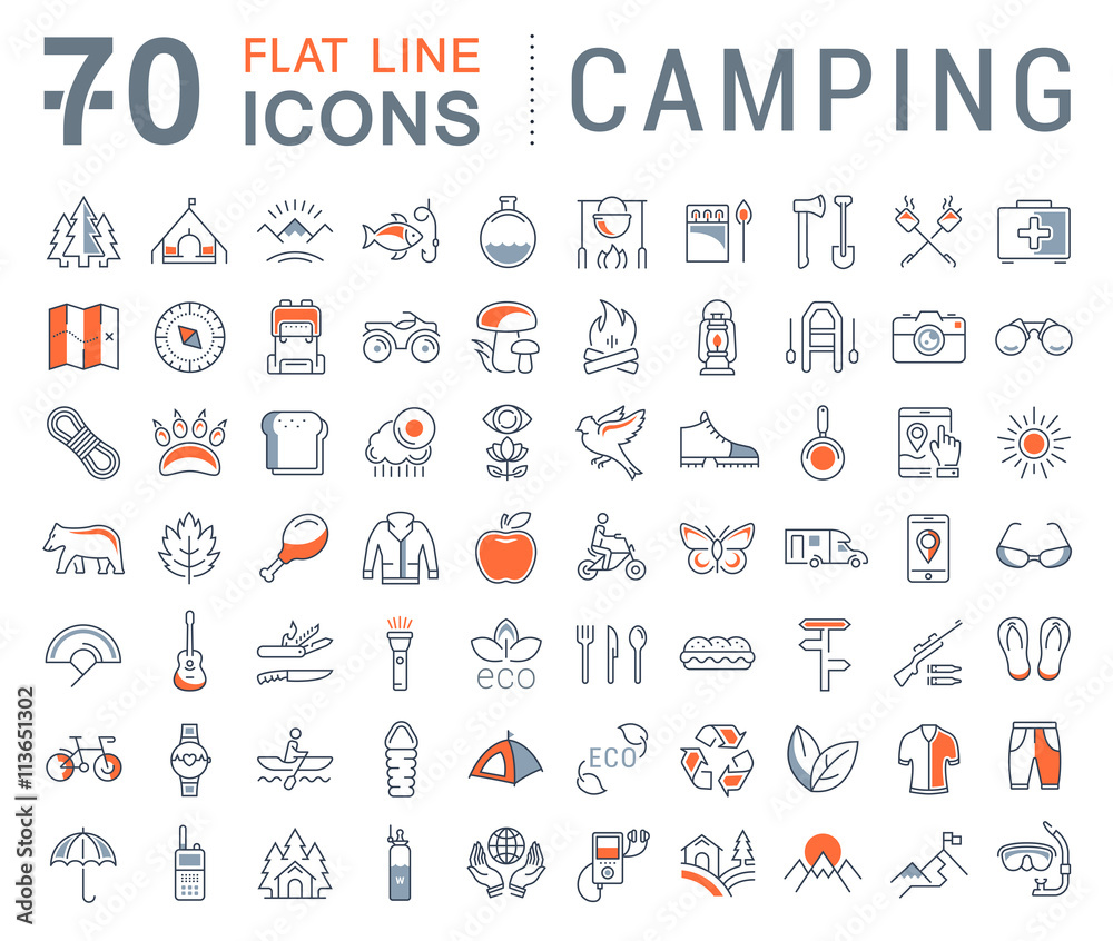 Naklejka premium Set Vector Flat Line Icons Camping