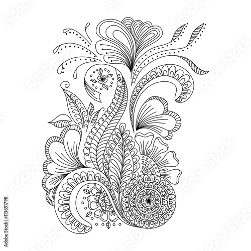 Hand drawn background  in doodle or henna  style.    Design for coloring page. Decorative floral element