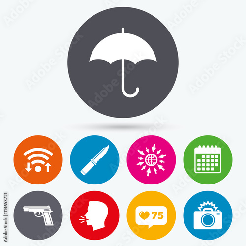 Gun weapon. Knife, umbrella and photo camera.