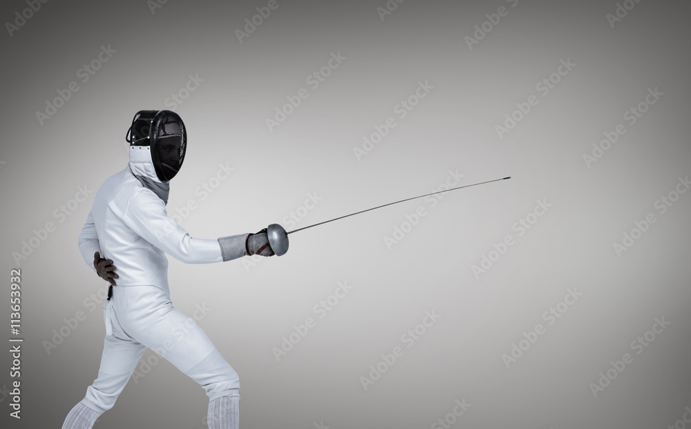 Composite image of man wearing fencing suit practicing with sword Composite image of man wearing fencing suit practicing with sword