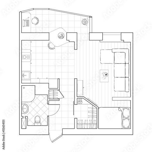 Black and white drawing. A sketch of the floor plan. Small apartment with furniture.