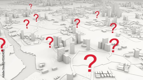 Aerial View of City Buildings 3D Render With Quention Mark Point Map