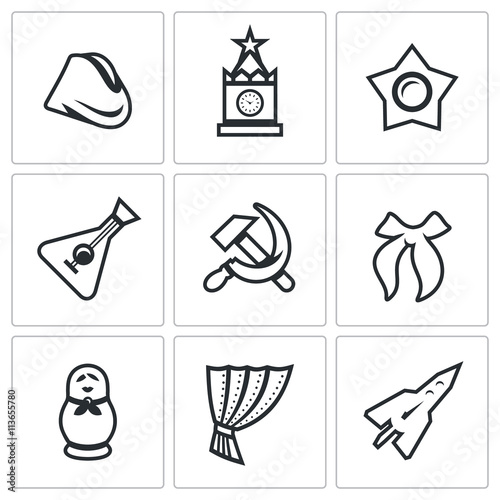 Vector Set of Russia country Icons. Soldier field cap, Kremlin, Moscow, Oktyabrenok, balalaika, hammer and sickle, Pioneer tie, matryoshka, Iron Curtain, Rocket. photo