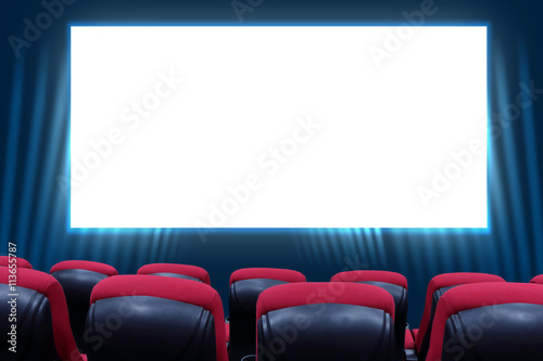 Movie Theater with blank screen and red seats