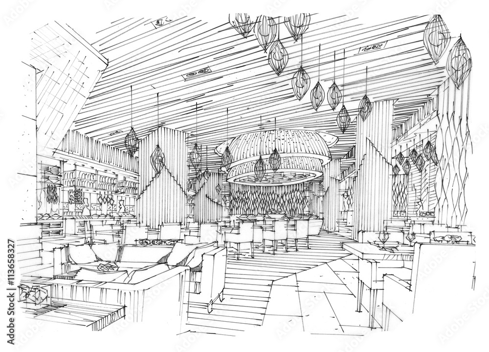 sketch stripes all day & restaurant , black and white interior design.