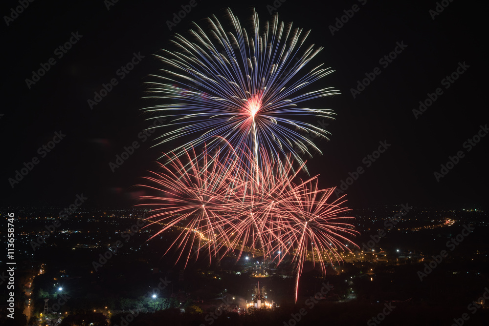 Fireworks in Royal Park Rajapruek, Chiangmai,Thailand : High view Fireworks in Royal Park Rajapruek, Chiangmai,Thailand : High view