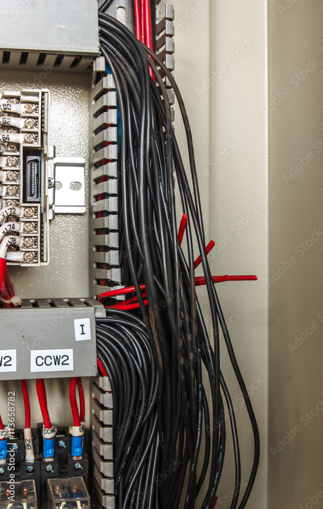 Wiring -- Control panel with wires industrial factory Stock Photo