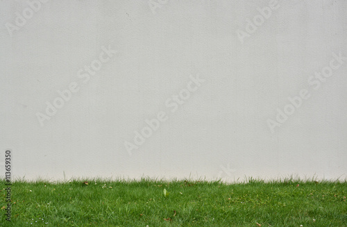 White plastered stucco wall background with grass verge in the foreground. Ideal urban modeling background for fashion or pop music industry. Also ideal background for sign; poster or street name.