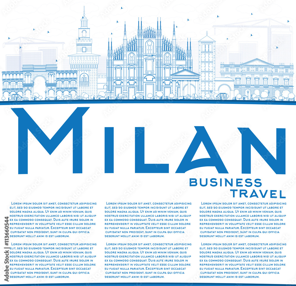 Outline Milan Skyline with Blue Landmarks and Copy Space.