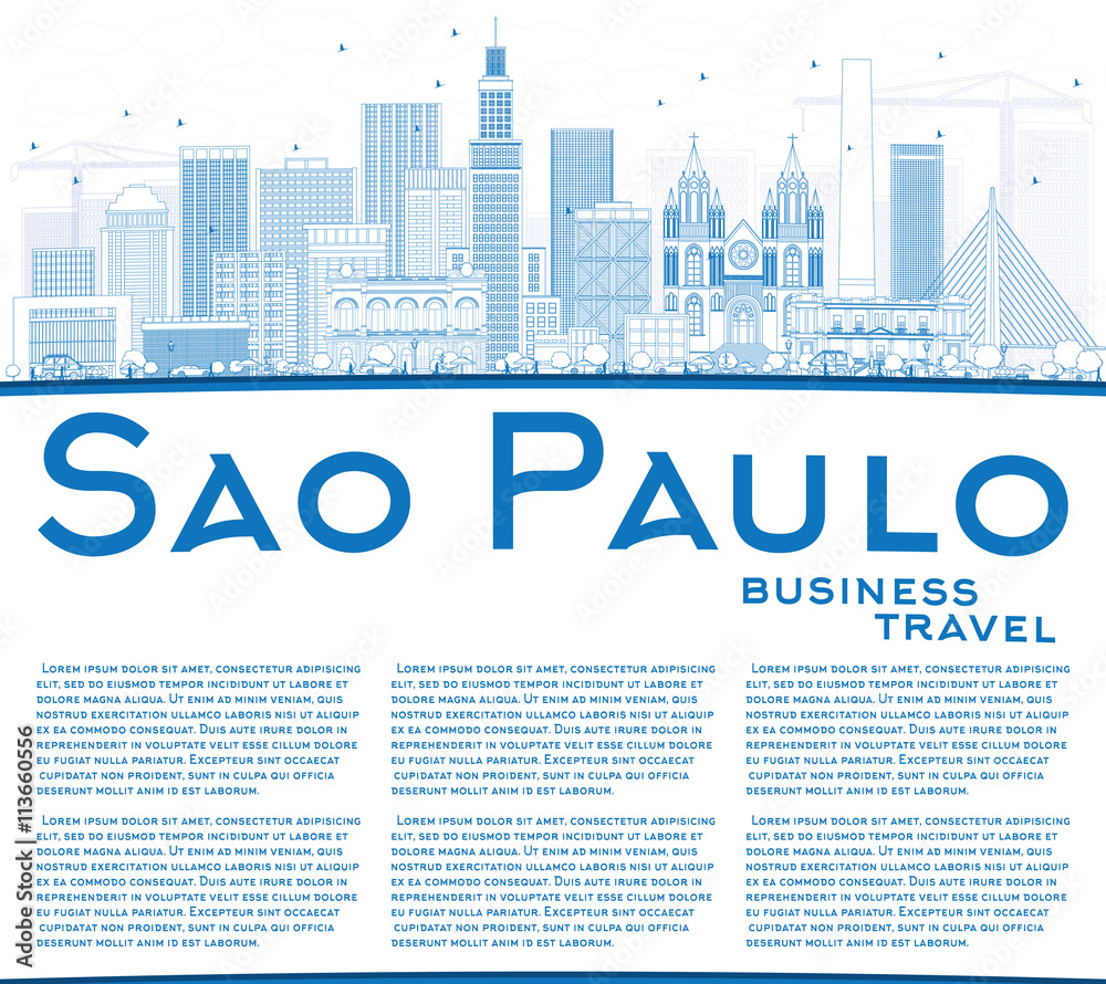 Outline Sao Paulo Skyline with Blue Buildings and Copy Space.
