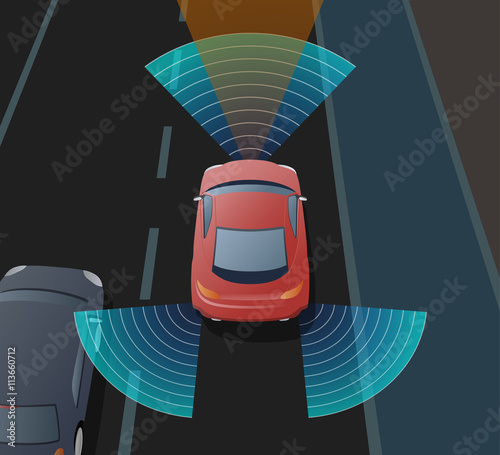 Advanced Driving Assistant System (ADAS), Blind Spot Monitoring, automobile sensing technology,  top view, vector illustration