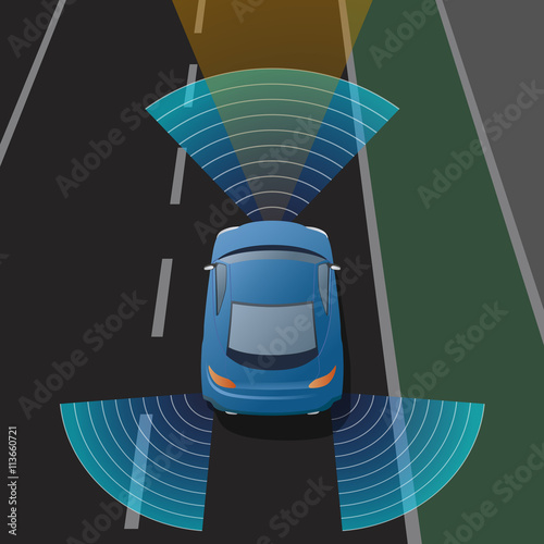 Advanced Driving Assistant System (ADAS), Blind Spot Monitoring, automobile sensing technology,  top view, vector illustration