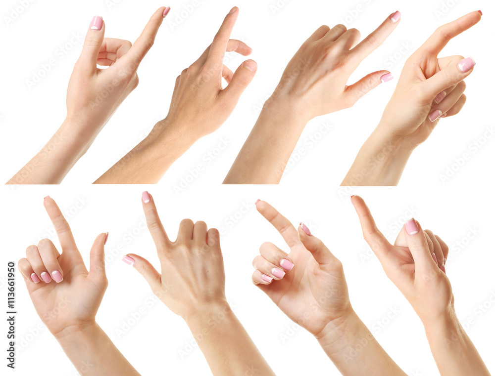 Set of different hands touching or pointing to something, isolated on white Set of different hands touching or pointing to something, isolated on white