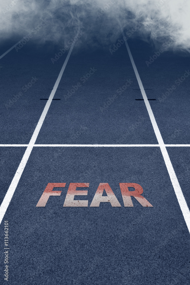 Fototapeta premium Dark Run Track at Stadium with Fog Smoke and Fear Word