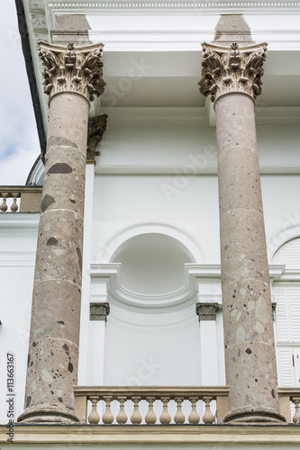 Detail of pillars on front facade of manor house in Topolcianky .