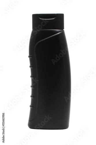Black tube bottle of shampoo, conditioner, hair rinse, gel, mouthwash on a white background isolated.