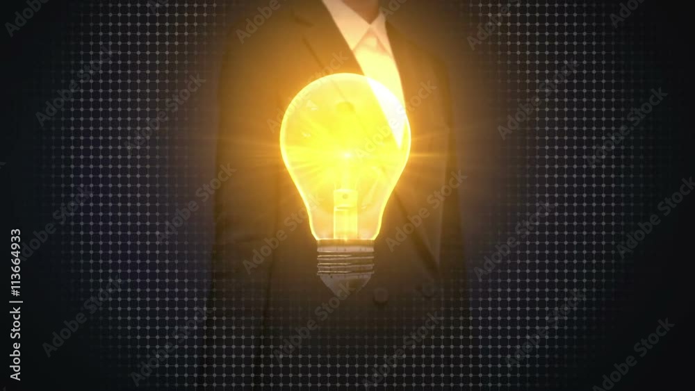Businesswoman touching shape of light bulb, idea brainstorming concept.