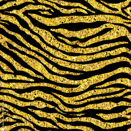Golden glitter tiger or zebra seamless pattern.
