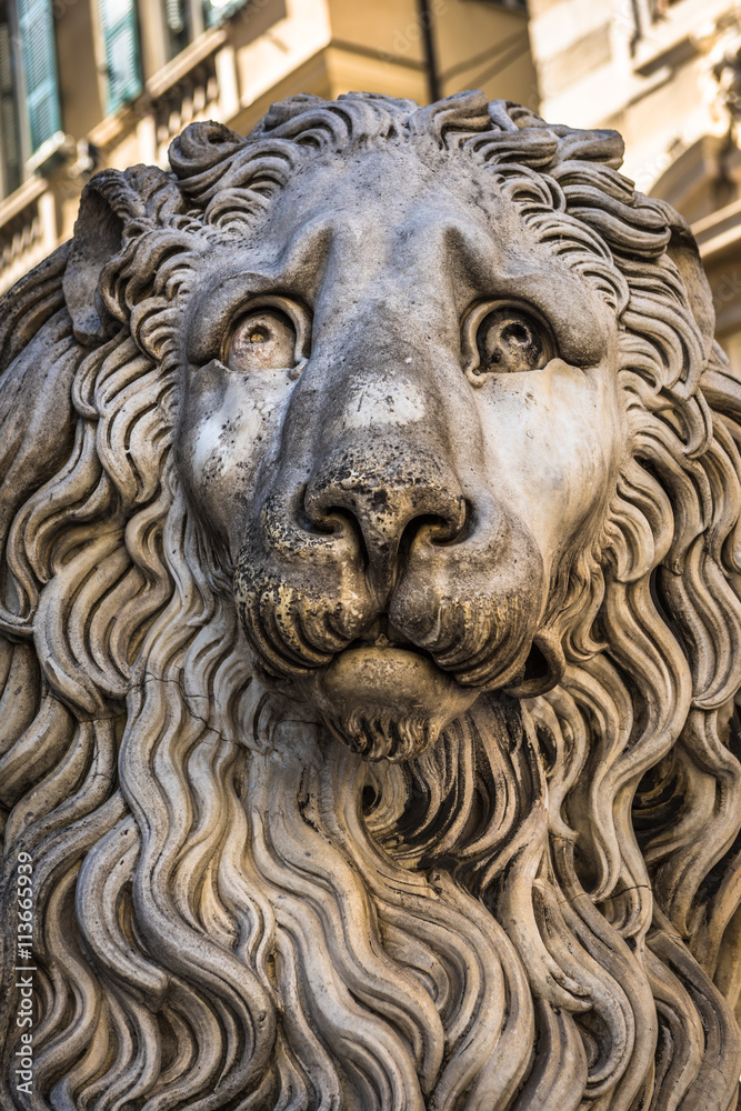 Lion statue of San Lorenzo Cathedral, Duomo di Genoa, Liguria, Italy