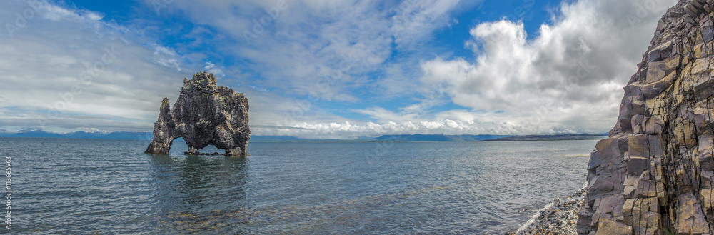 Panorama of Hvitserkur, rock formation in Hunafjordur fjord, Iceland