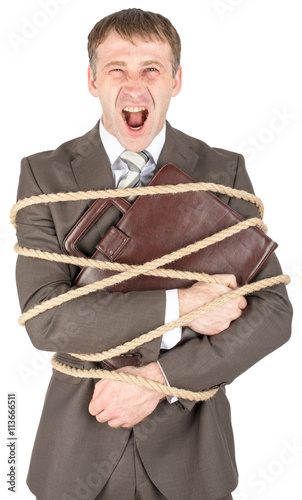 Photos Businessman tied with rope screaming