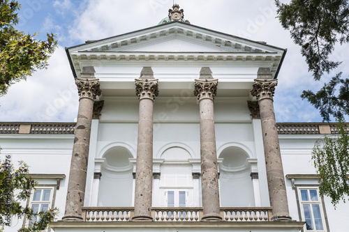 Pillars on front facade of manor house in Topolcianky .