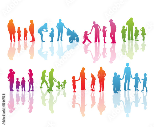 Set of Color Family Silhouettes: Men's, Women's and Children isolated on white.