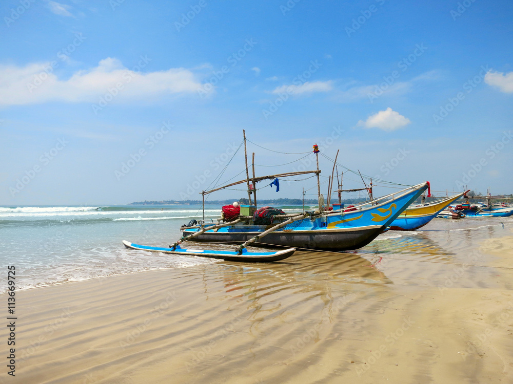 Sri Lankan fishing boats at the beach in Weligama