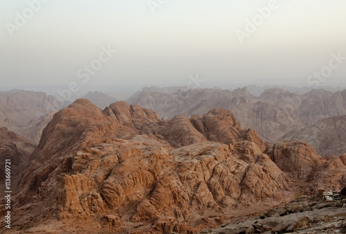 Fényképezés Orange Mount Sinai in early morning with fog