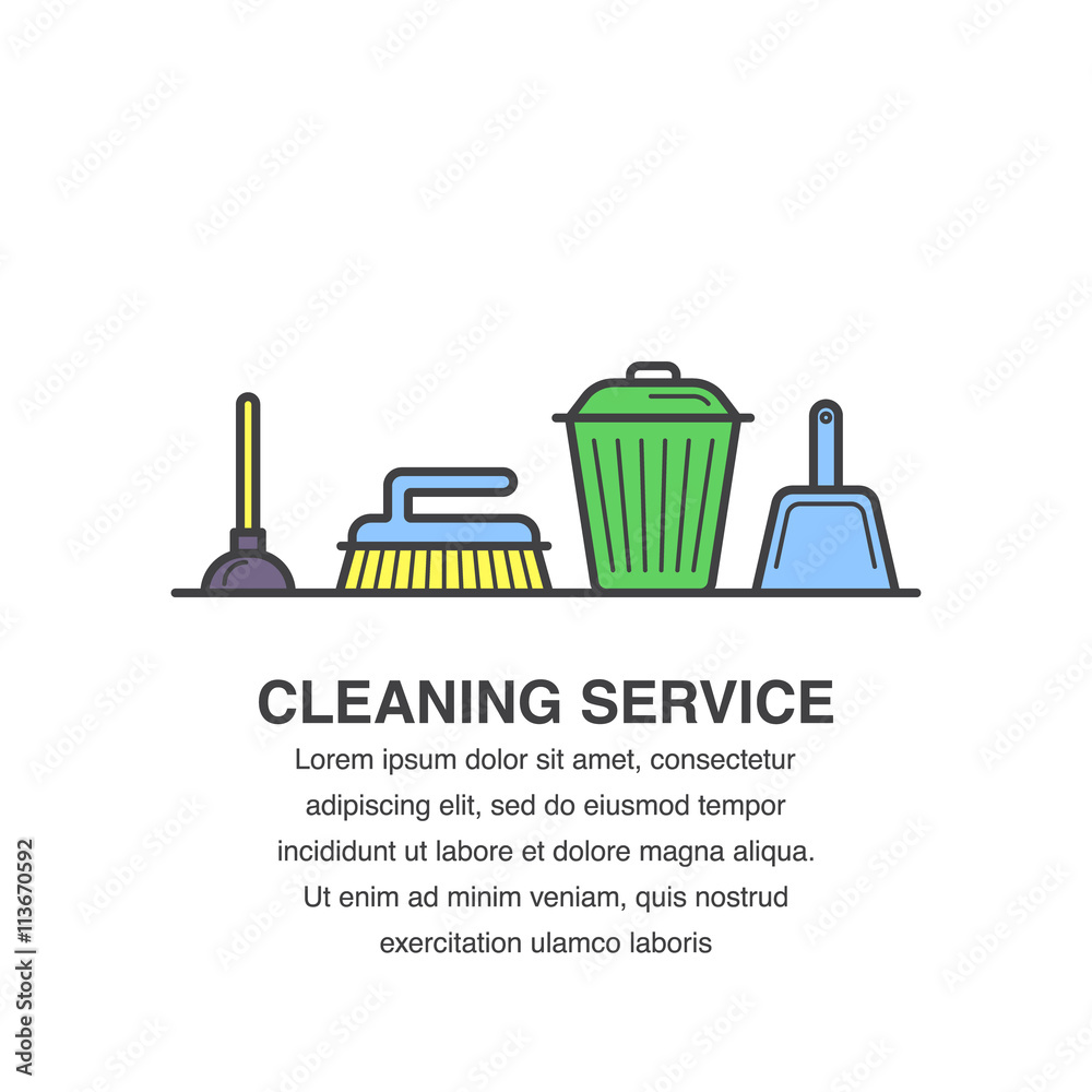 Cleaning service banner design for advertisement with trash bin, brush, scoop and plunger icons. Cleaning service banner design for advertisement with trash bin, brush, scoop and plunger icons.