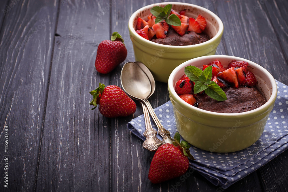 Chocolate cake in ramekin prepared in microwave Chocolate cake in ramekin prepared in microwave