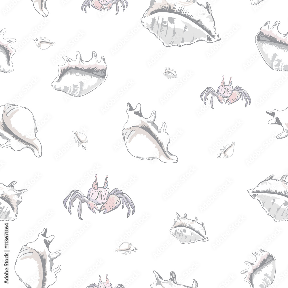 The vector seamless pattern with funny crabs and beautiful seashells The vector seamless pattern with funny crabs and beautiful seashells