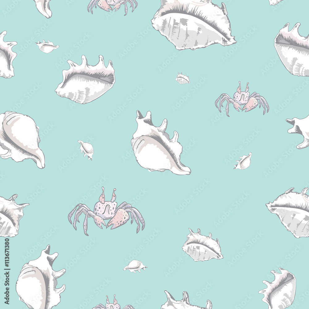 Obraz premium The vector seamless pattern with funny crabs and beautiful seashells