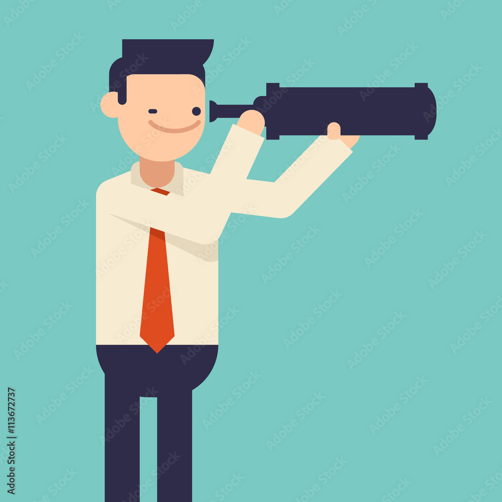 Cartoon businessman looking for future trends through telescope. Business concept. Business and strategy metaphor. Vector illustration