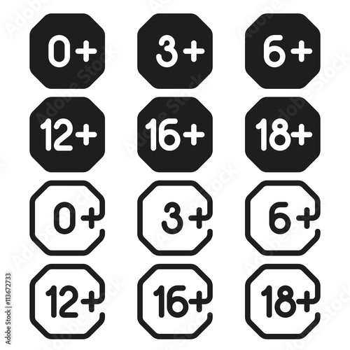 Set of age restriction signs. Age limit from zero to eighteen. Vector outline icon.
