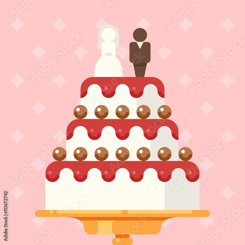 Vector illustration of wedding cake for invitations or announcements. Save the date. Flat design style