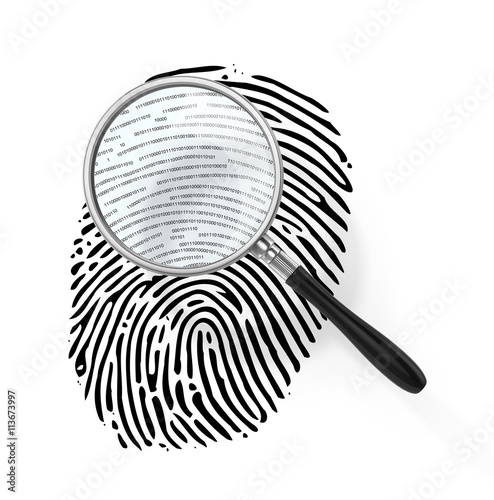 Magnifying glass over finger printlike shape made of binary code photo