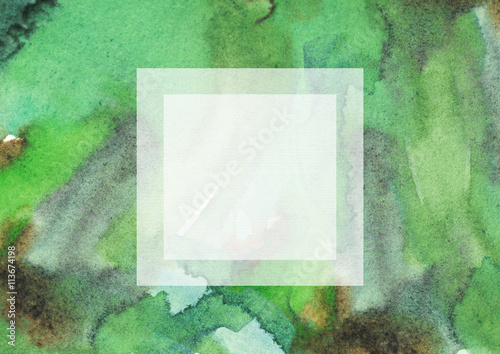 Green watercolor grainy large raster illustrations with square textholder. Hand drawn templates, good for presentations, design or print. Horizontal, with stains, splashes, brush smears