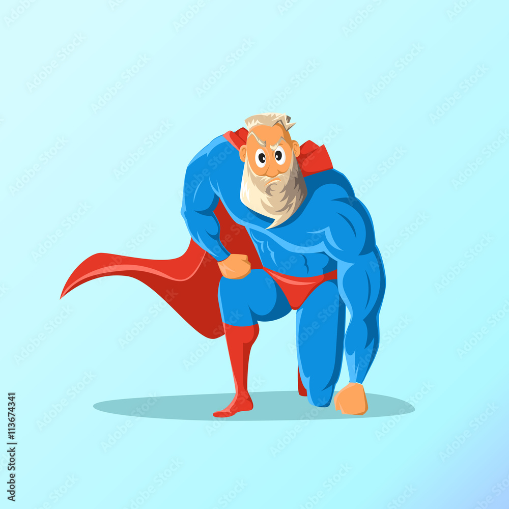 Old charismatic hipster Superhero. Superhero in action. Vector illustration. Old charismatic hipster Superhero. Superhero in action. Vector illustration.