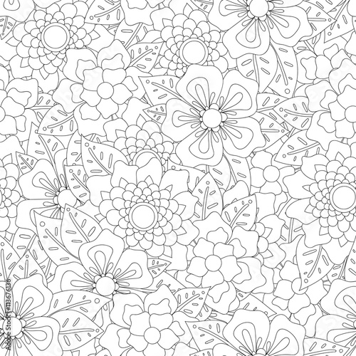 Doodle flowers seamless pattern.
Zentangle style flowers and leaves background. Black and white hand drawn herbal pattern.