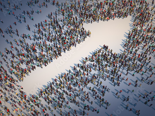 Large group of people forming a arrow symbol