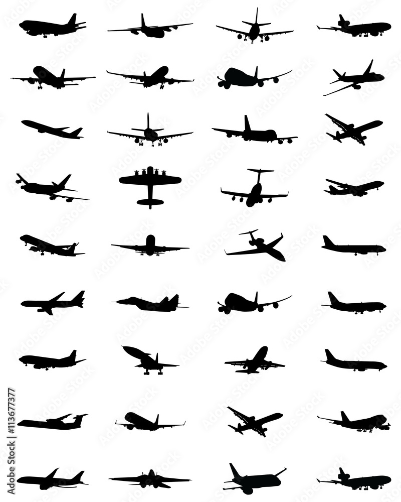 Black silhouettes of different aircrafts, vector