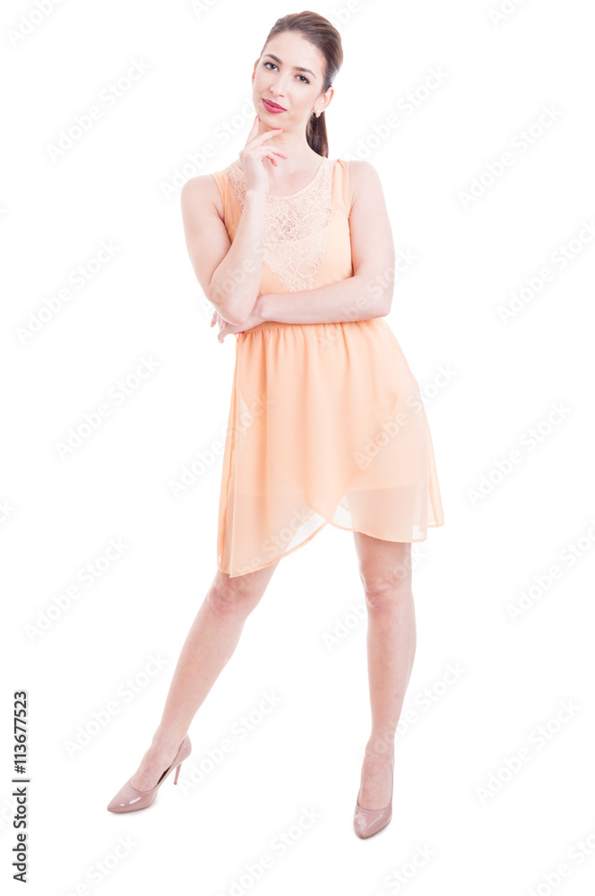Beautiful lady posing full body in summer dress and heels Beautiful lady posing full body in summer dress and heels