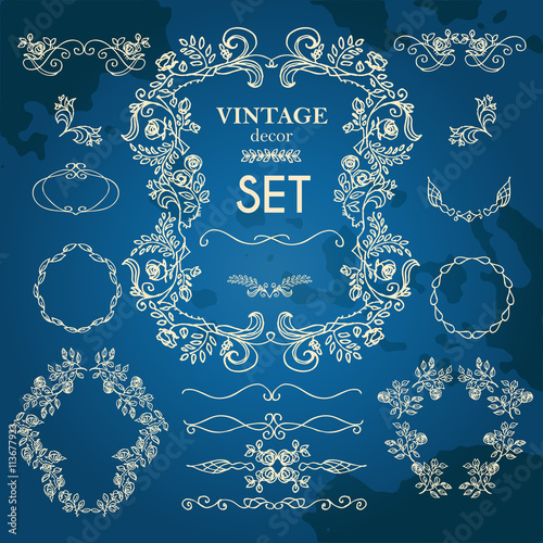 Set  vector hand drawn calligraphic element. The pattern of the branches of the roses. Blue background.Pattern border Floral ornament of leaves and flowers.Vintage style.
