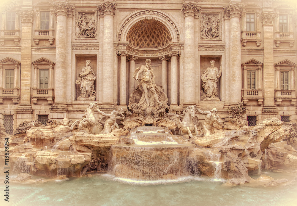 Trevi Fountain (Fontana di Trevi) in Rome Italy. Retro toned.