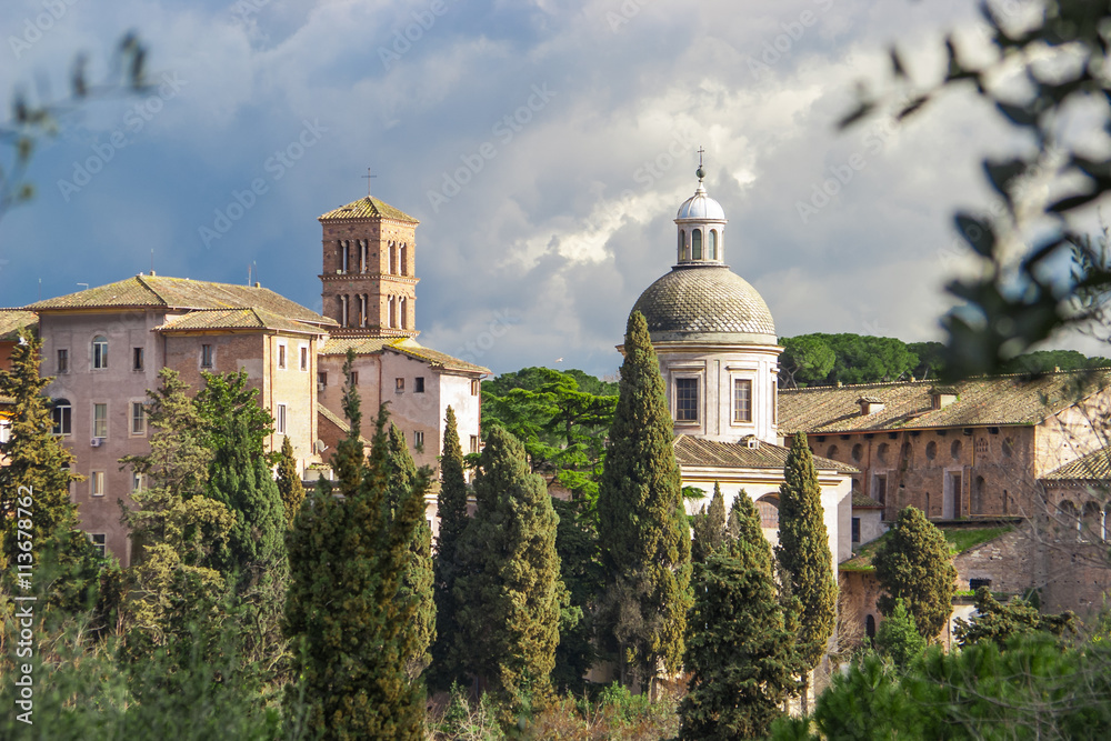 Urban scenic of Rome with dome and churches in the frame of leaves. Italy.