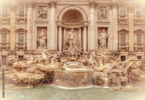 Trevi Fountain (Fontana di Trevi) in Rome Italy. Retro toned.